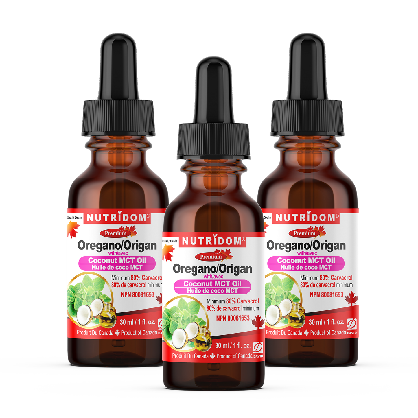 Nutridom Oregano with MCT Oil, 80% Carvacrol, Liquid Drops, 1fl oz (30 ml) - 3 PACK