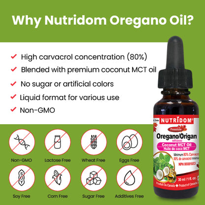 Nutridom Oregano with MCT Oil, 80% Carvacrol, Liquid Drops, 1fl oz (30 ml) - 6 PACK