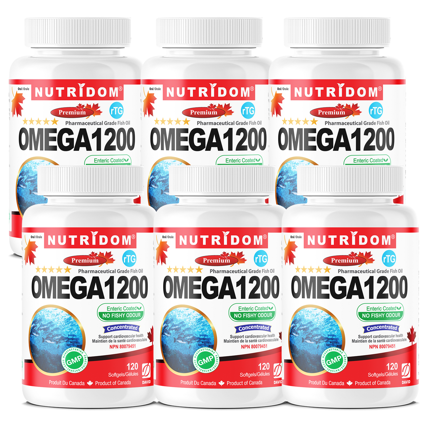 Nutridom Omega 1200 (rTG Omega 3) Fish Oil, EPA, DHA, 120 Softgels - 6 PACK