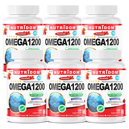 Nutridom Omega 1200 (rTG Omega 3) Fish Oil, EPA, DHA, 120 Softgels - 6 PACK