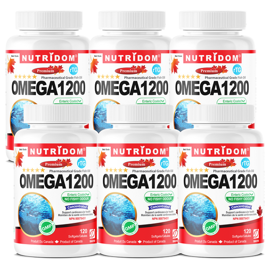 Nutridom Omega 1200 (rTG Omega 3) Fish Oil, EPA, DHA, 120 Softgels - 6 PACK