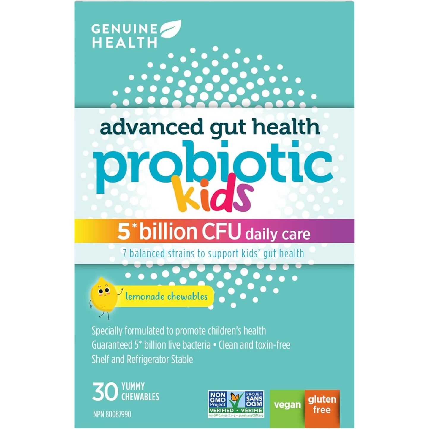 Genuine Health, Advanced Gut Health Probiotic Kids 5 Billion CFU, 30 Chewables - Lemonade