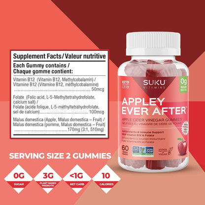 SUKU Vitamins Apple Cider Vinegar Gummy, Sugar Free, Supports Healthy Digestion, Gut Health, With Energy Boosting Vitamin B12, Keto, Vegan ACV gummies, 1020mg Apple Cider Vinegar per serving (60 count)