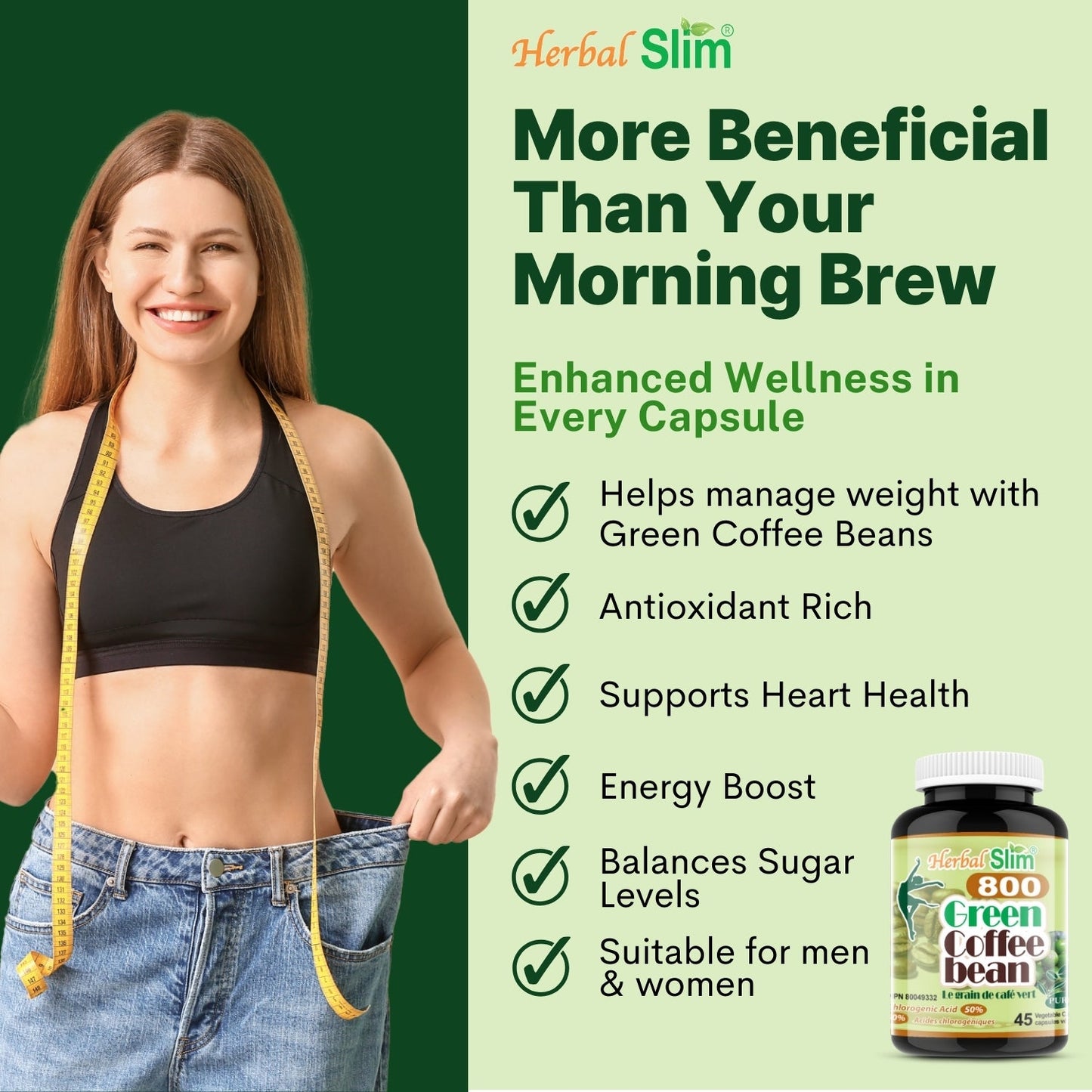 Herbal Slim Green Coffee Bean 800 mg, 50% Chlorogenic Acid, 45 Veggie Capsules