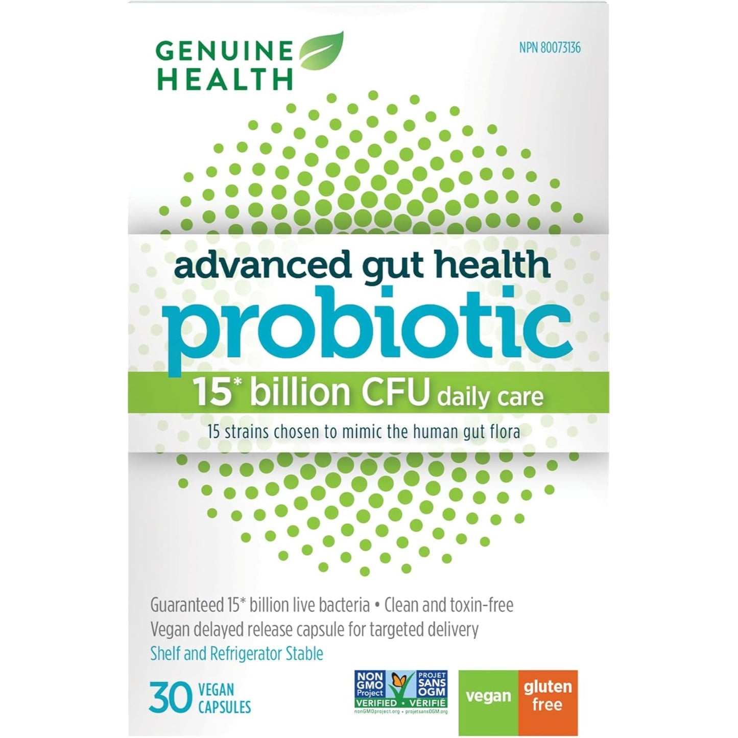 Genuine Health Advanced Gut Health Probiotic, 15 Billion CFU Daily Care, 30 Vegan capsules