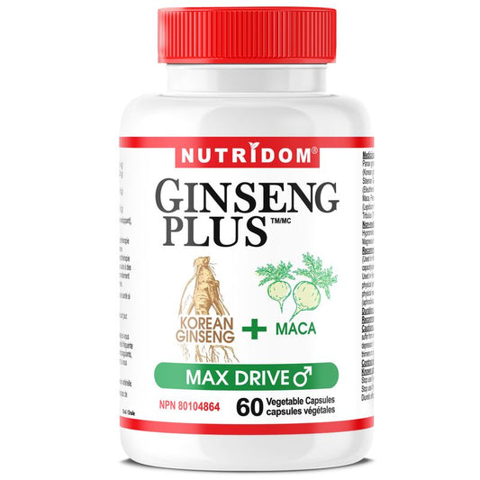 Nutridom Ginseng Plus Max Drive with Panax Ginseng, Maca, Siberian Ginseng and Tribulus Terresis, 60 Veggie Capsules