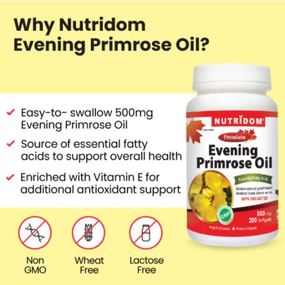 Nutridom Evening Primrose Oil, 500 mg, 200 Softgels - 3 PACK