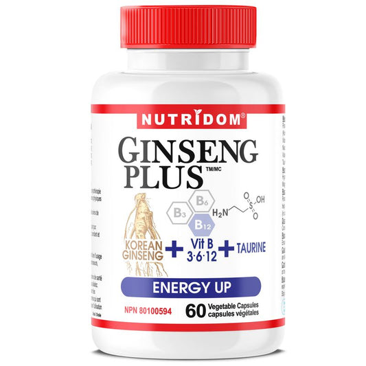 Nutridom Ginseng Plus Energy Up with Panax Ginseng, Vitamin B3, B6, B12 and Taurine, 60 Veggie Capsules