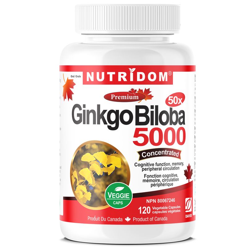 Nutridom Ginkgo Biloba 5000, 100 mg, 24% Flavones Glycoside & 6% Terpene Lactones, 120 Veggie Capsules