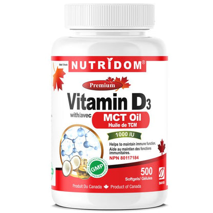 Nutridom Vitamin D3 with MCT Oil, 25 mcg (1,000 IU ), Cholecalciferol, 500 Softgels